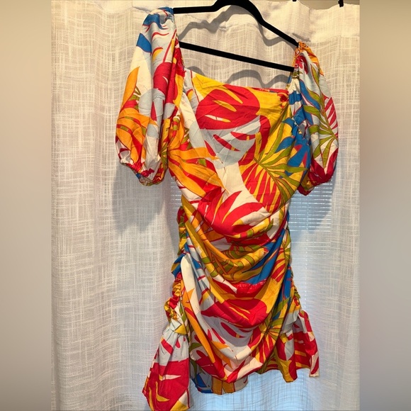 Flying Tomato Womens Sz L Mini Dress Colorful Vacation Tropical Puff Sleeve - Picture 7 of 12